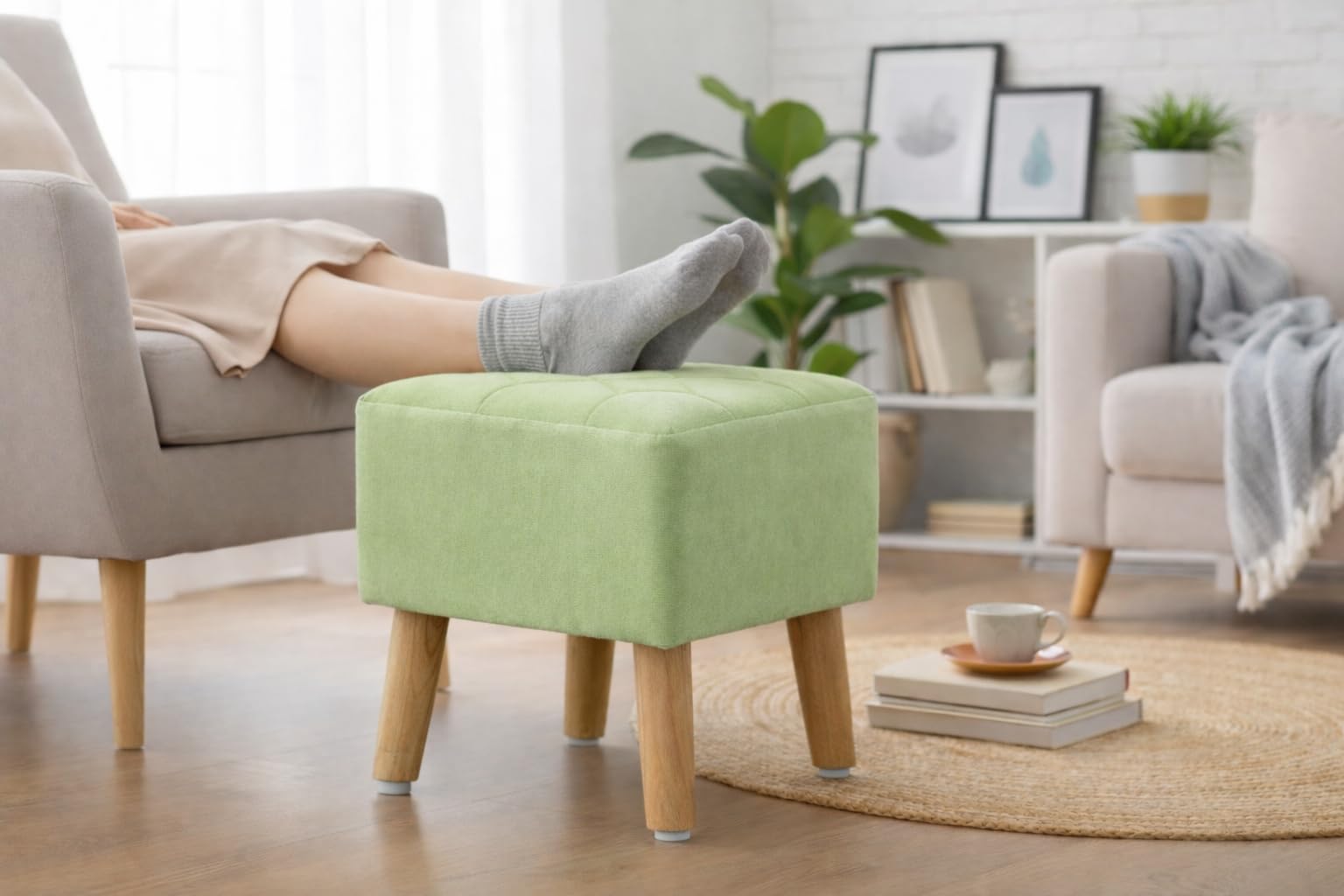 Velvet Cube Ottoman | Stool for Living Room | Soft Cushioned Footrest Stool with Durable Wooden Legs | Multipurpose Seating, Side Table & Pouffe Home Décor, 12x12x12 inch (Light Green)-picture-11