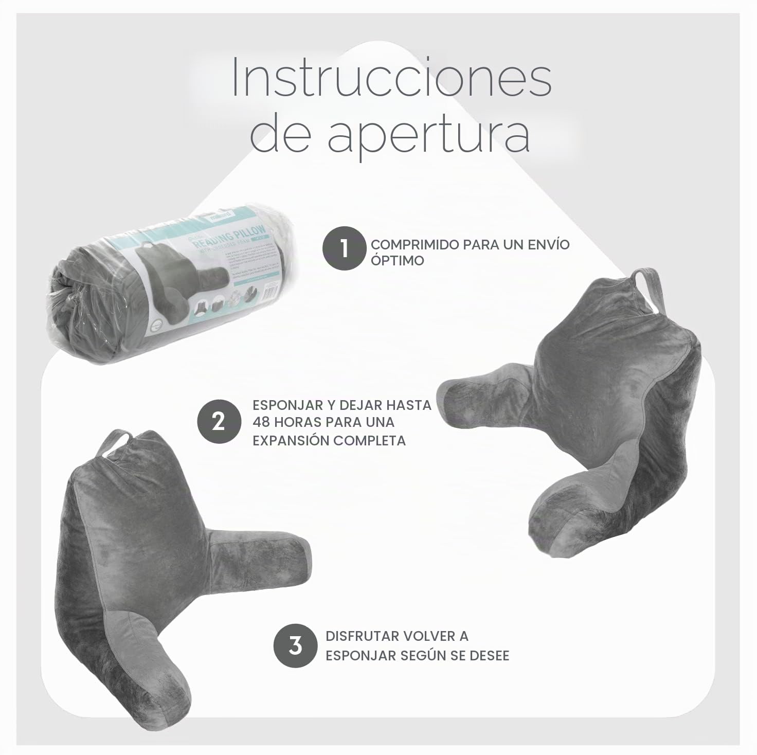 Milliard Almohada de Lectura con Espuma Viscoelástica Triturada, Cojín de Apoyo Lumbar - Ideal como Respaldo para Leer o Jugar a Videojuegos (45 cm x 38 cm) (Gris)