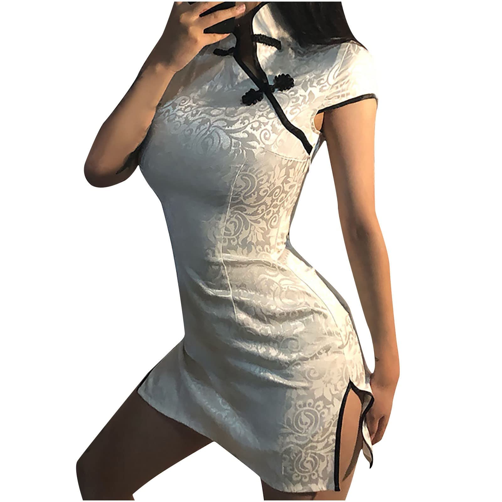 DOExert Cheongsam - Vestido de cuello alto de manga corta para mujer, vestidos de verano chino, sexy, retro, con abertura lateral, falda con bolsillo