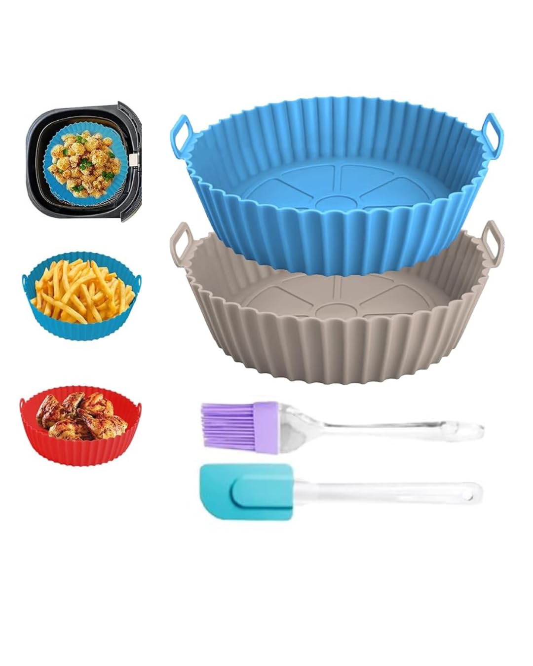 Reusable Multi-Color Round Silicone Blue and Grey Air Fryer Basket with Ear Handles | Nonstick + Oil Brush & Spatula-image-11