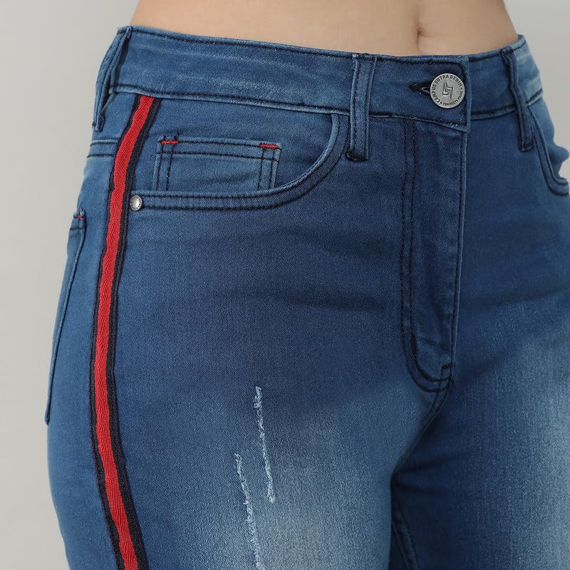 Image of PINACOLADA Women's Side-Striped Denim Jeans for Casual Wear | Light-Wash | Regular Fit | Button Closure | Cotton Denim Jeans Crafted with Comfort Fit for Everyday Wear