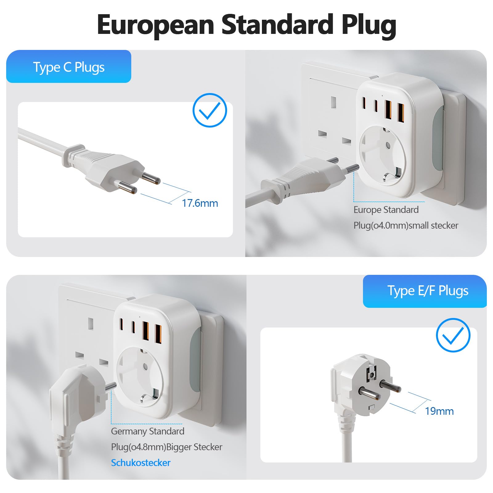 Bigfish Adapter Anglii Niemcy wtyczka z 2 USB-C i 2 USB-A (3,4 A), adapter UK adapter do gniazda wtykowego Anglia, adapter podróżny UK typ G do UE do Anglii/Szkocji/Irlandii/Dubaju/Maldives