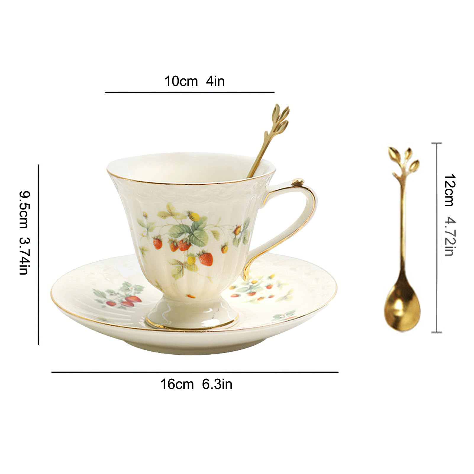 Juego de taza de té y platillo de porcelana, taza de café de cerámica de 250 ml con platillo y cuchara, taza de café vintage con ribete dorado para mamá, mujer, día de la madre, patrón retro de fresa