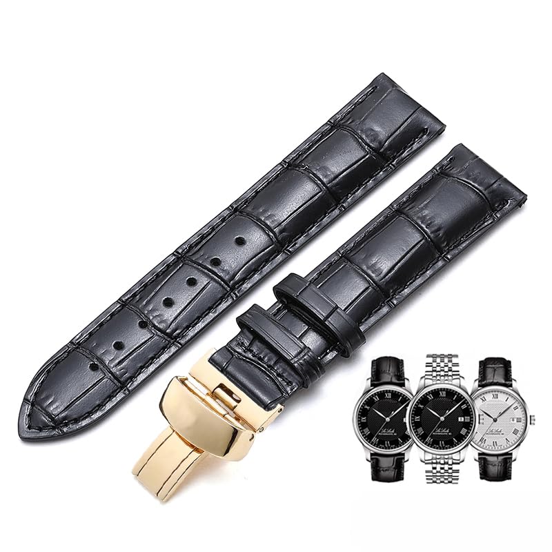 Bracelet de montre en cuir véritable noir boucle dorée 19mm pour Tissot Le Locle
