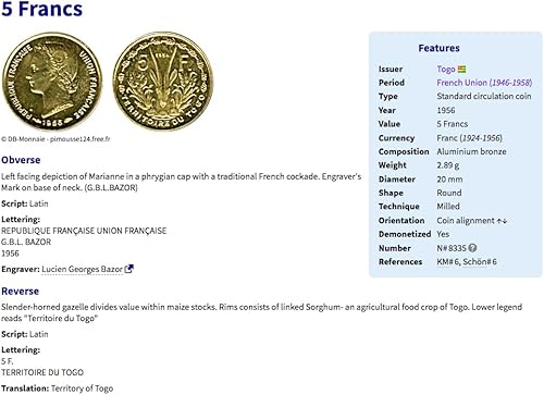 Vista 6 de 1956 Togo Togoland 5 Franco moneda colgante gacela antílope BCEAO pez sierra Lomé Sokodé Kara Kpalimé Atakpamé Dapaong Tsevie Anie Notse Cinkasse