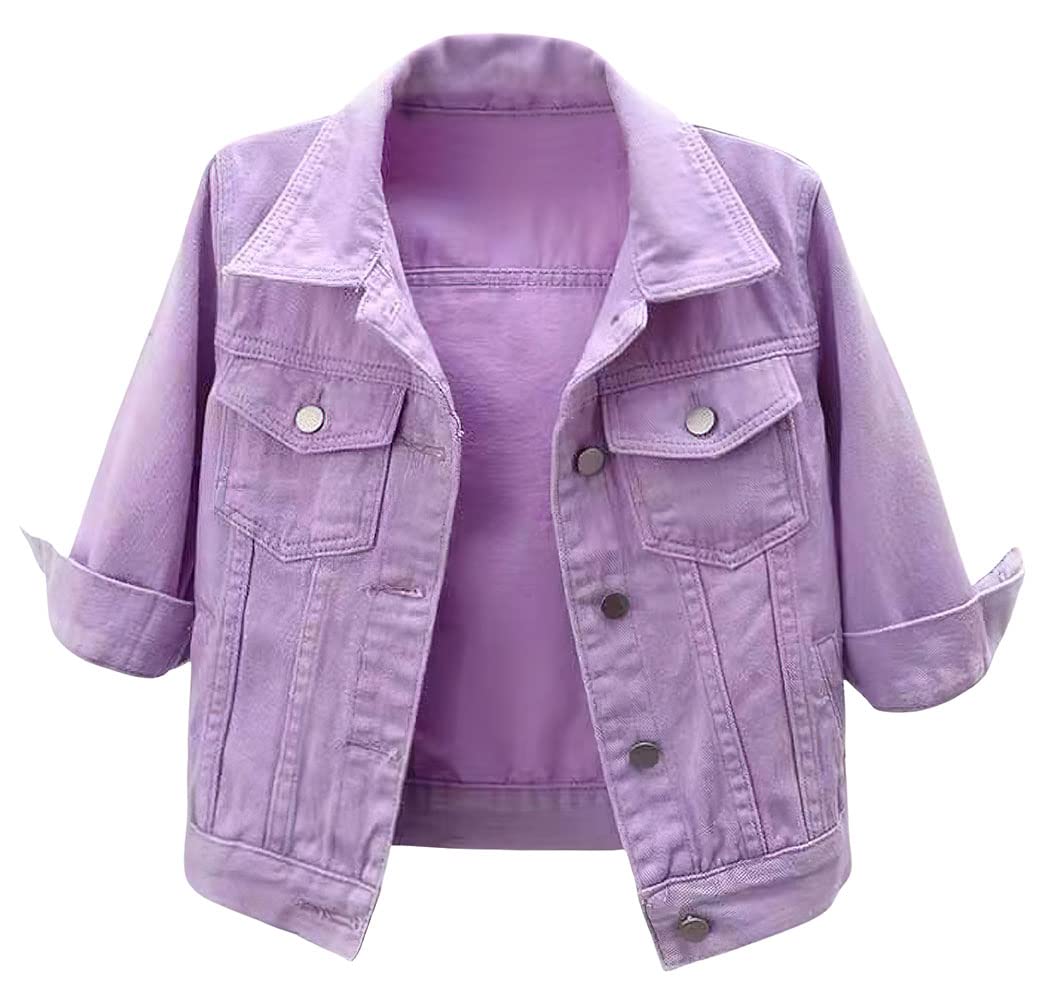 loveimgs Women Casual 3/4 Sleeve Button Down Cropped Denim Jean Jacket Motorcycle Short Jacket