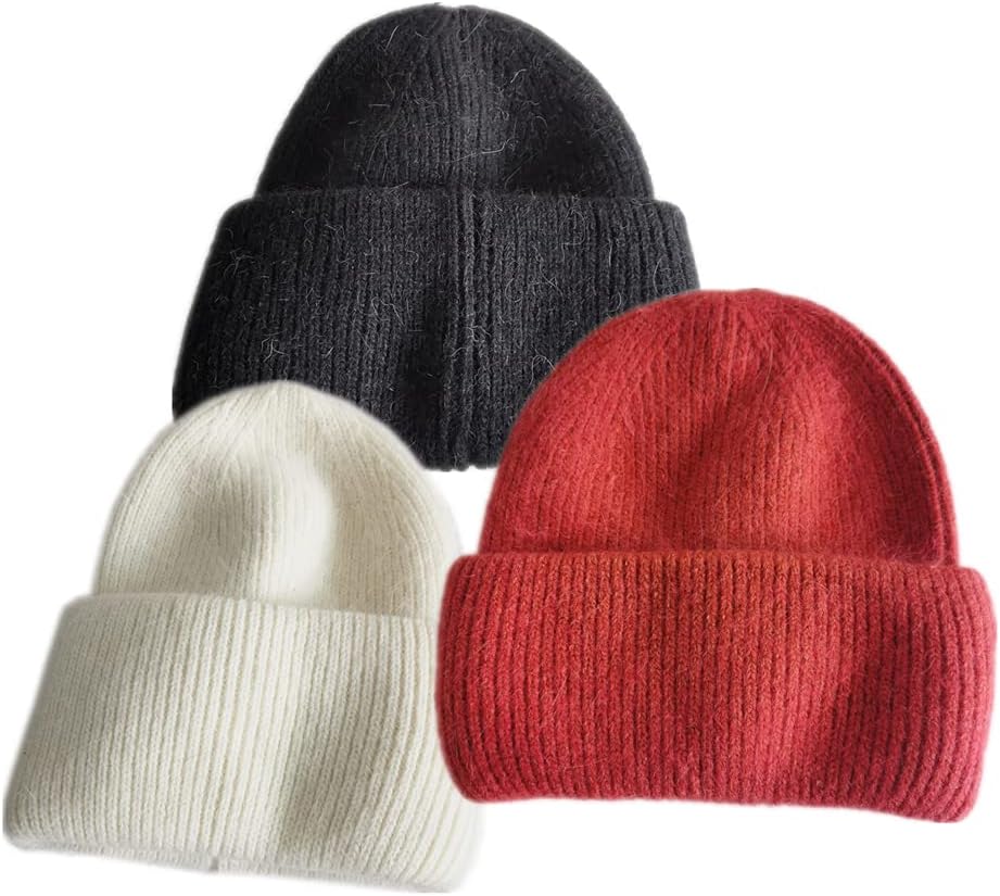 Knit Beanie Hat Real Angora Rabbit Fur Slouchy Skull Cap for Women Men Winter Warm Stocking Hats