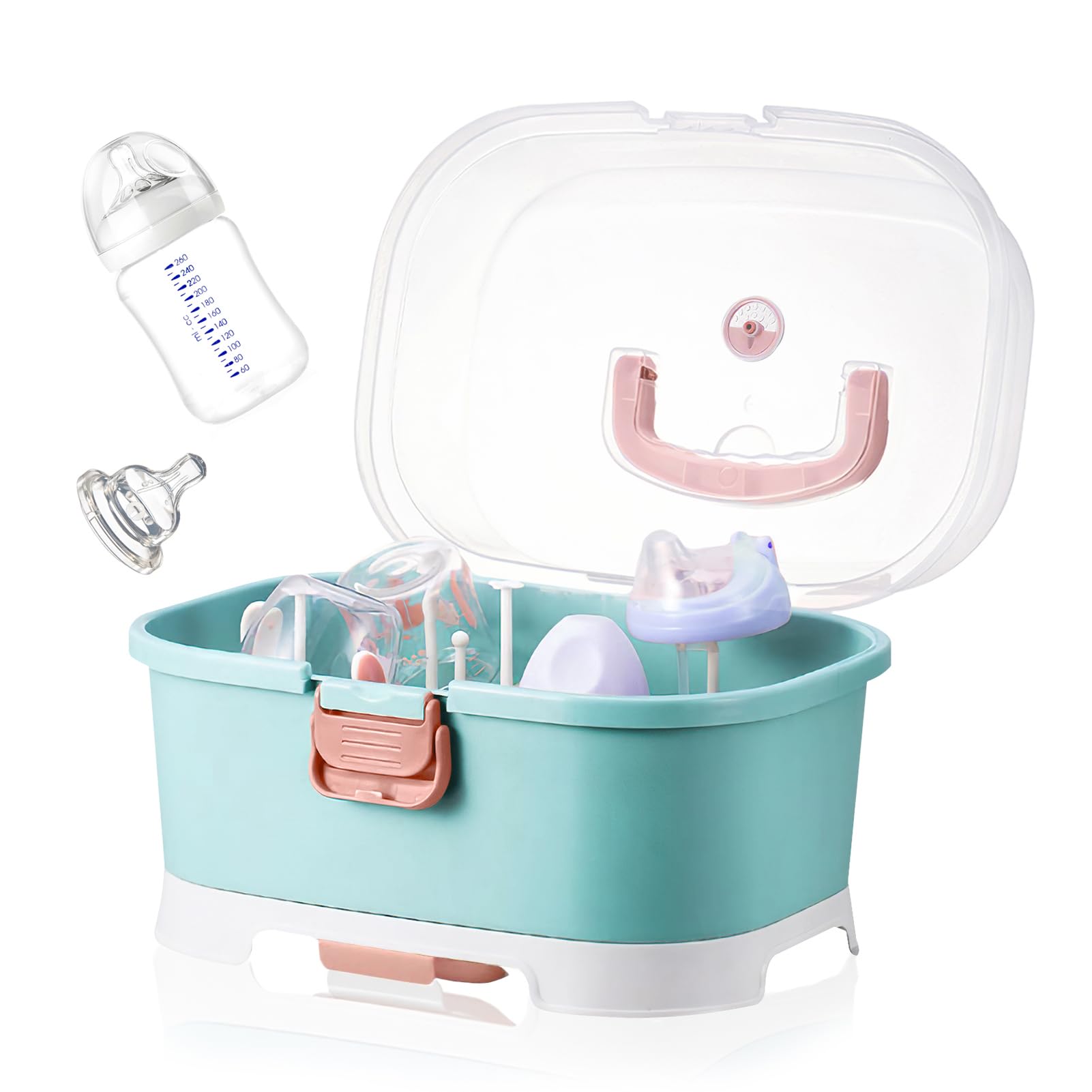 Serlium Boîte De Rangement pour Biberon, Protection Anti-Poussière Egouttoir Biberon Bebe Et Couverts pour Bébé, pour La Maison, La Cuisine, Les Voyages, L'extérieur（Vert Blanc）