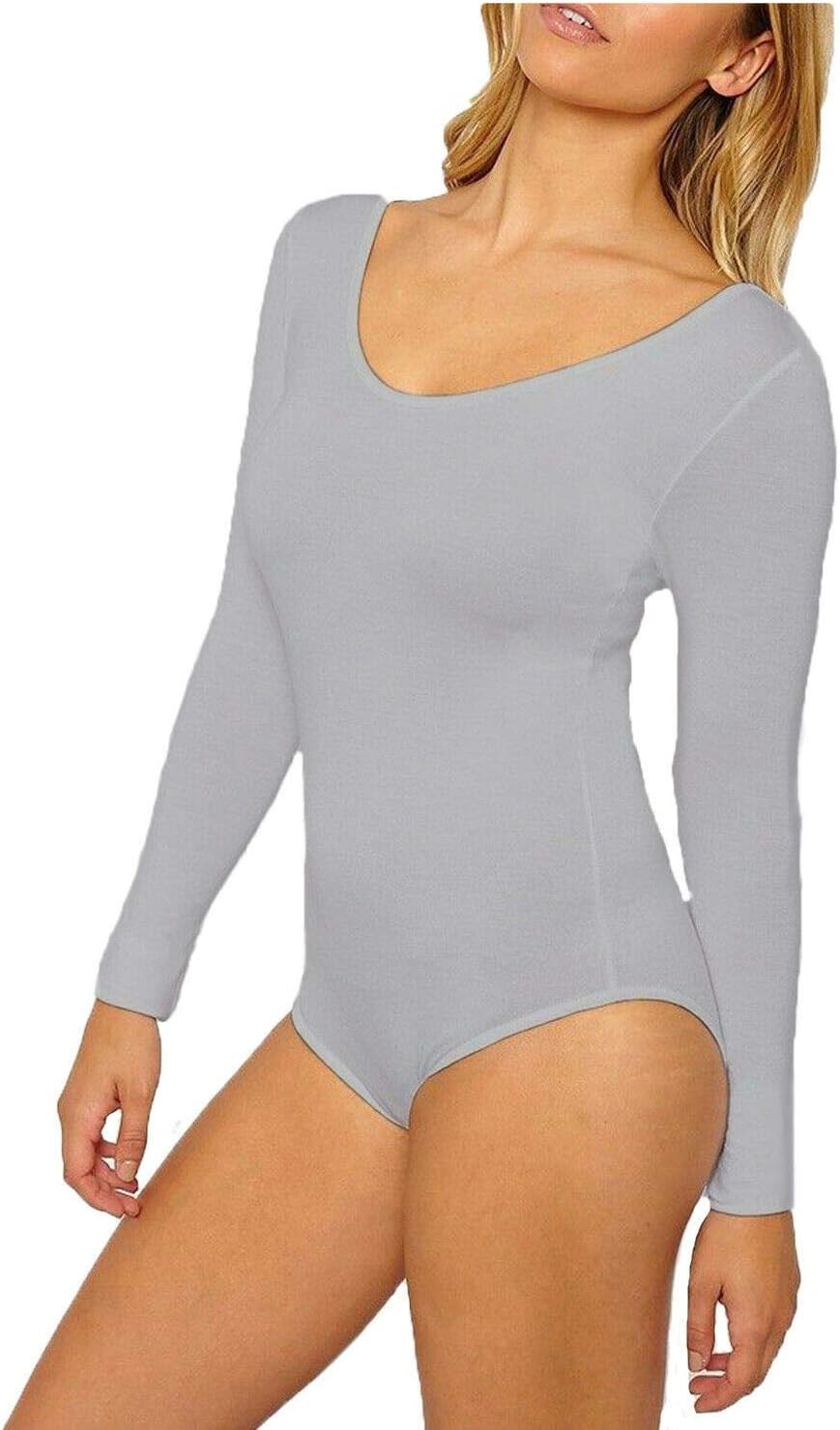 Bodysuits Ladies Roundneck Long-Sleeve Stretch Quality Leotard (Small UK-8/10, Grey)