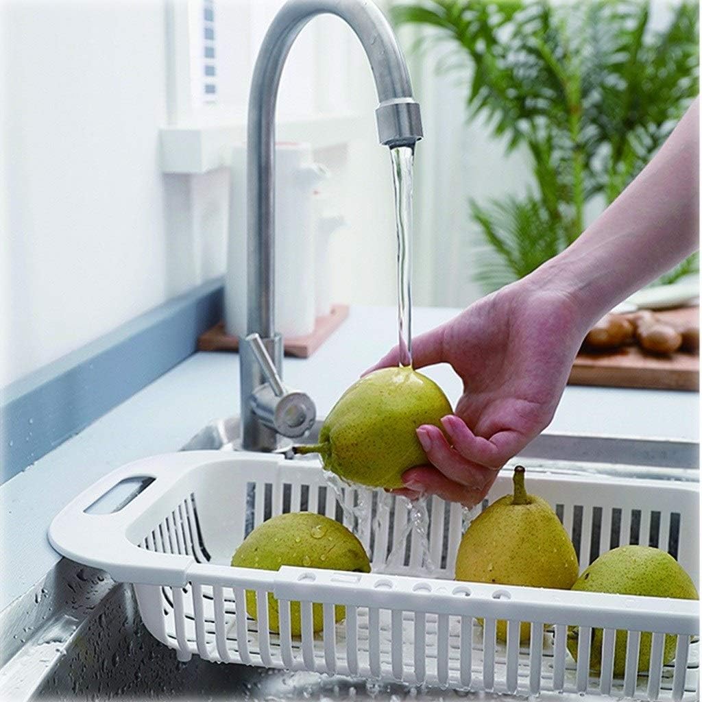 Plastic Collapsible Colander Over the Sink Vegetable Fruits Strainer with Extendable and Adjustable Drain Basket Kitchen White