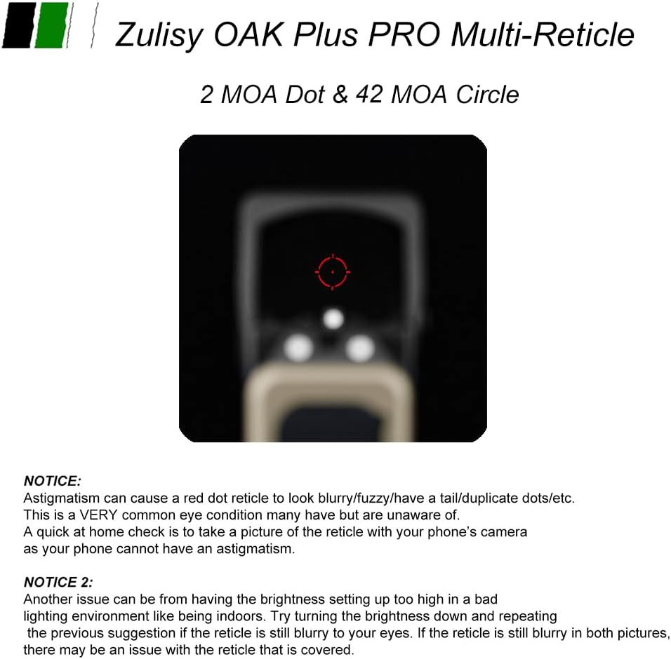 Zulisy Gen 3 Oak Plus PRO Multi-Reticle Reflex Sight – 2 MOA Dot & 42 MOA Circle, for RMR / 507C Footprint, Shake to Awake, Large Window, Durable Open Optic for Full-Size Tactical & EDC Pistols