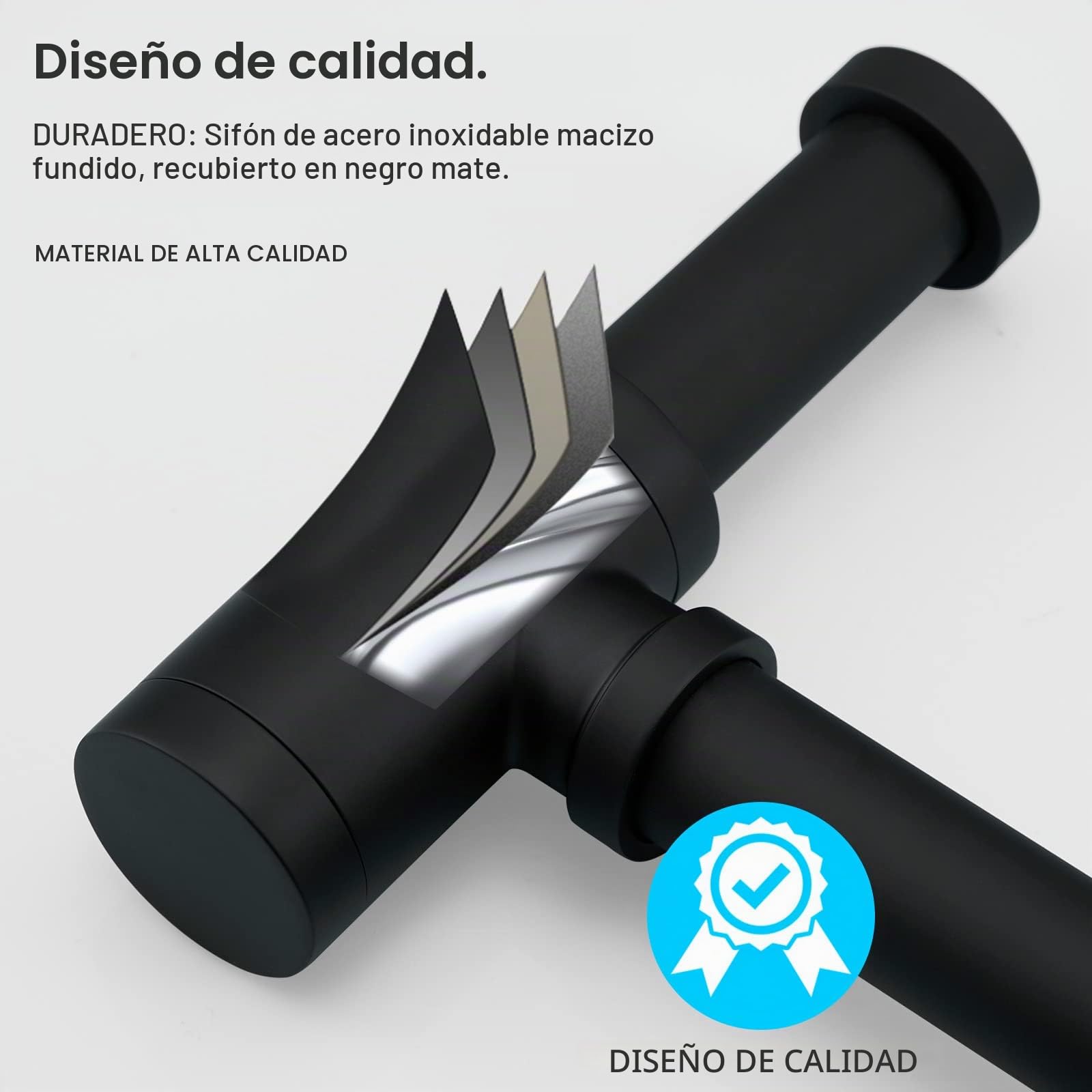 Design Sifón Universal para Lavabo y Fregadero Negro Mate, Accesorio de Desagüe Ajuste Perfecto, Tapón de Olor Redondo con Abertura de Limpieza, Sifón de Diseño Tubular
