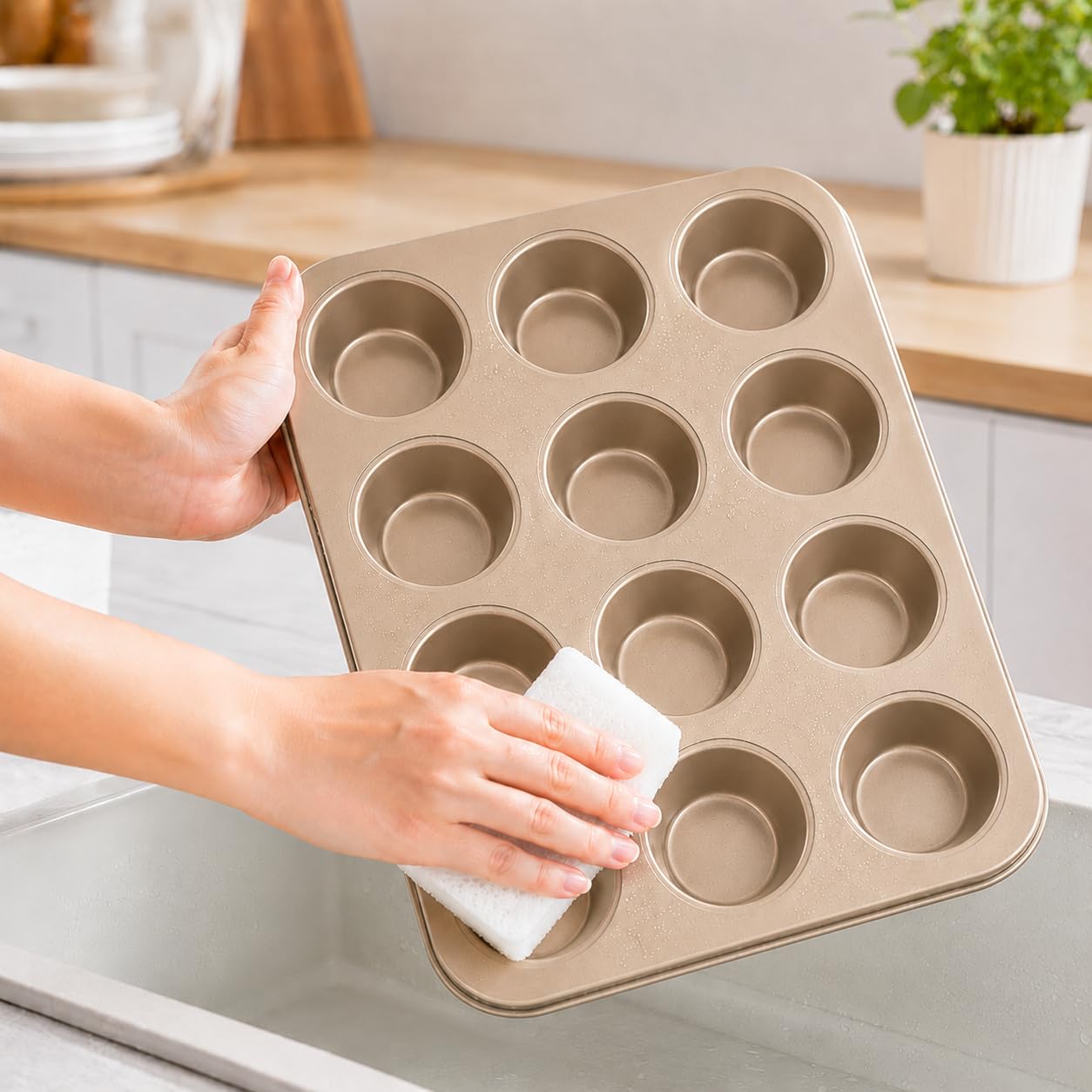 Juego De 2 Moldes Para Muffins De 12 Tazas, Bandeja Para Hornear Magdalenas,Lata Para Muffins De 12 Cavidades Para Horno, Moldes Para Pasteles De Taza Aptos Para Lavavajillas (Oro)