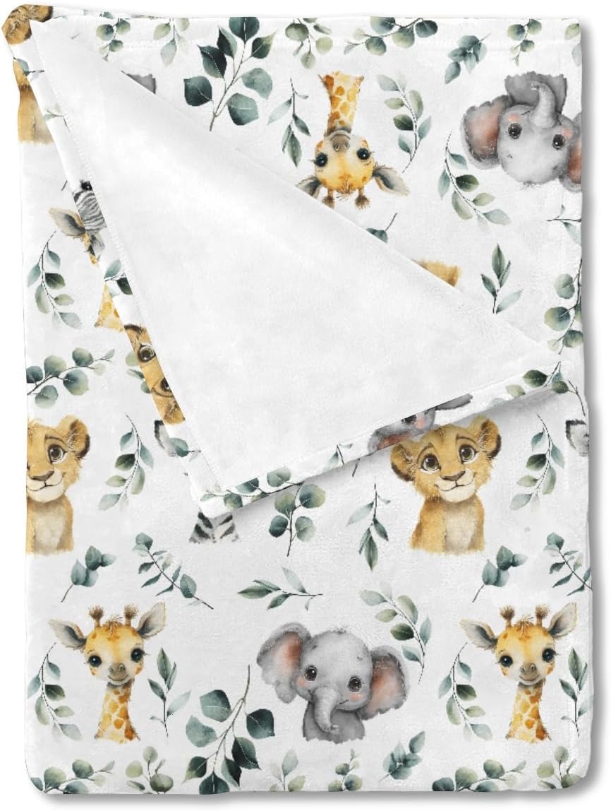 HawSkgFub Safari Jungle African Animal Eucalyptus Leaf Baby Boy Blanket, Elephant Giraffe Lion Flannel Fleece Nursery Bed Receiving Swaddle Newborn Infant Crib Toddler Crib Bedding Shower Gift 50 x 60