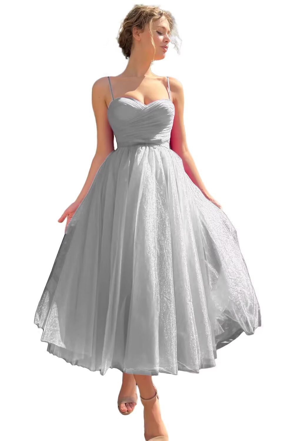 Sevintage Spaghetti Straps Tulle Prom Dress Tea Length Formal Party Evening Dress with Pockets