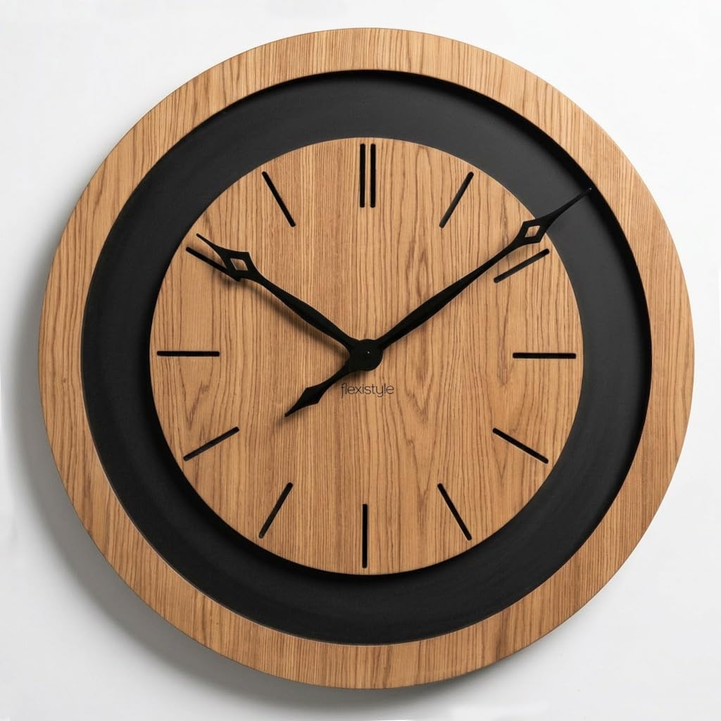 FLEXISTYLE Wanduhr groß XXL 75 cm aus Eiche – Große Designer-Wanduhr aus Naturholz & schwarzem MDF – Lautloses Uhrwerk ohne Ticken – Modernes Wohnaccessoire für Wohnzimmer, Loft & Büro