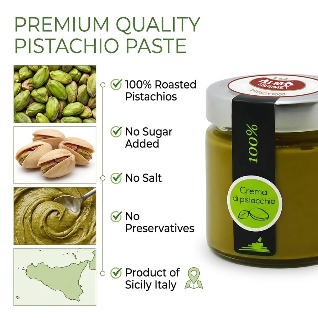 Alma Gourmet 100% Pistachio Butter Spread - Pure Pistachio Paste Cream Imported From Sicily, Italy - 100% Italian Pistachios - Only 1 Ingredient, No Additives or Preservatives - Perfect for Baking, Ice Cream & Dubai Chocolate Recipes - 6.7 oz (190g) (Pack of 3)