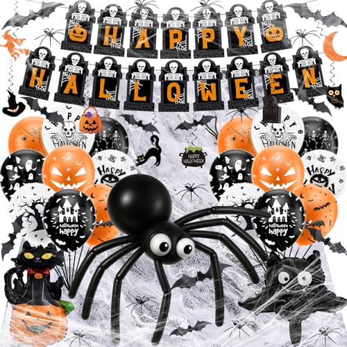 Conjunto decoração de Halloween, Deko Festa de terror com balões de látex pretos de 12 polegadas, balão metalizado abóbora, morcego, decoração de festa de Halloween quietante com teias de aranha