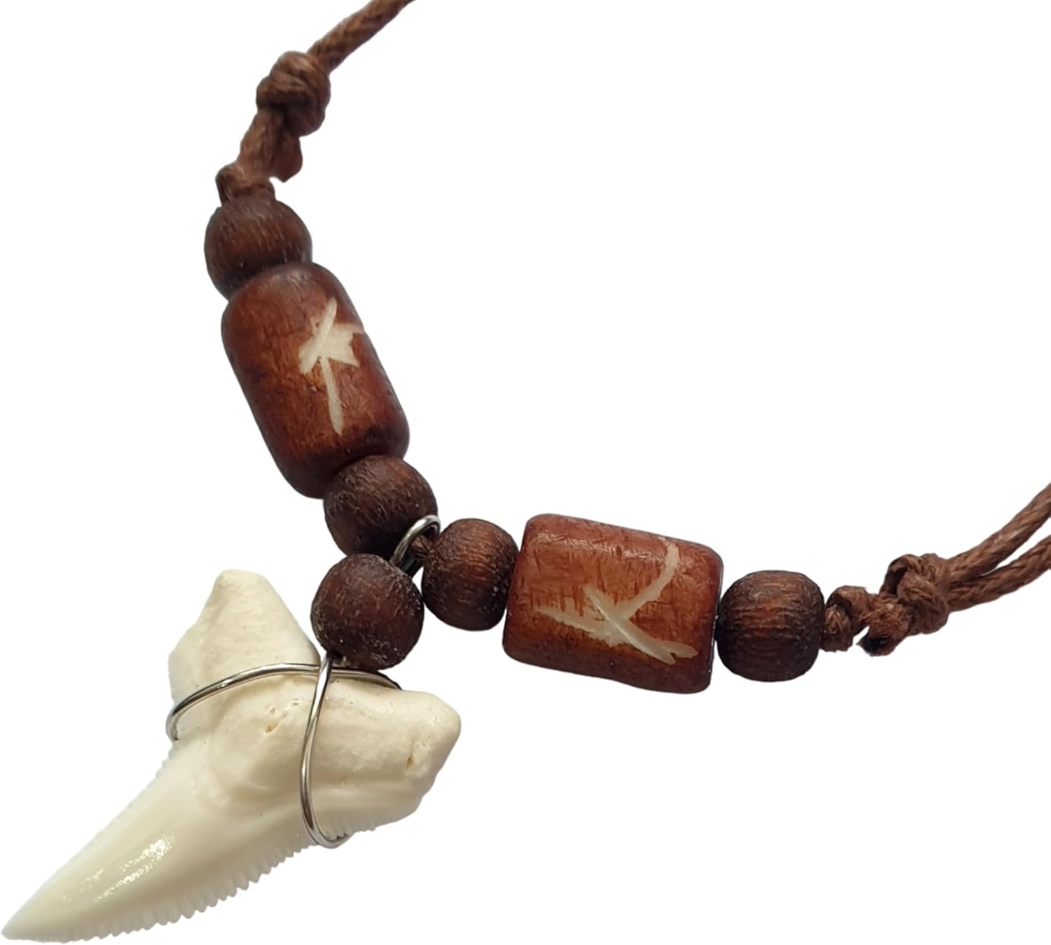 Genuine Mako Shark Tooth Necklace, Unisex Adult, 16-32 Inch Adjustable, Brown Wooden Beads & Waxed Cords, BA371 - Image 6
