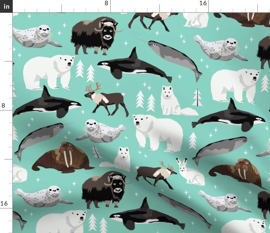 Spoonflower Fabric - Arctic Animals Narwhal Polar Bear Whale Nature Kids Nursery Teal Printed on Petal Signature Cotton Fabric by The Yard - Sewing Quilting Apparel Crafts Decor