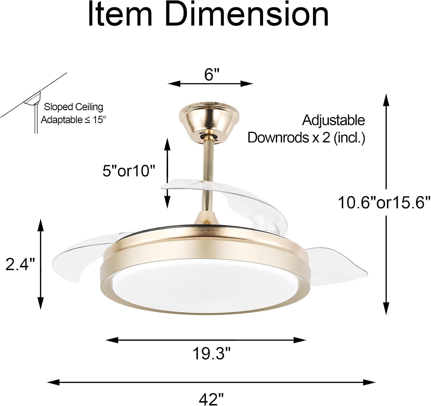 Bella Depot Retractable Ceiling Fan with Lights and Remote, 42" Retractable Fan Ceiling Light, 6-Speed DC Motor, Reversible Blades, Remote Control, Timing Option, Silent Noiseless (Gold)