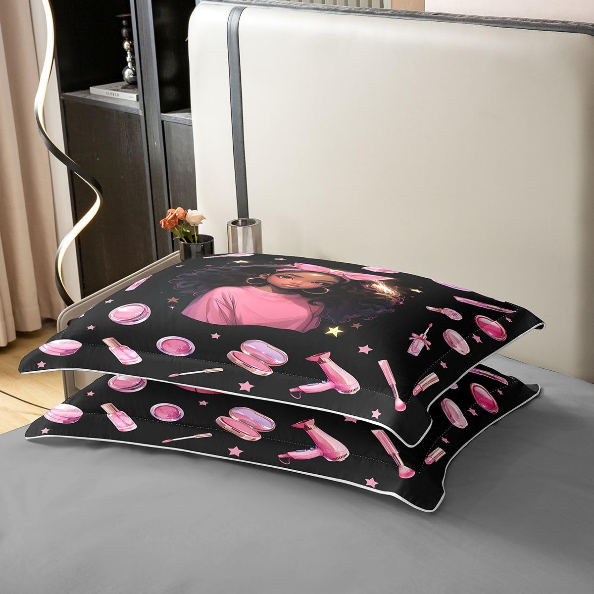 Homewish Schwarzes Mädchen Bettbezug 155x220 Baumwolle Schleife Bettwäsche Sterne Haartrockner Lippenstift Muster Bedding Puder Kompakt Nagellack Bettwäsche Set Weich 2 teilig