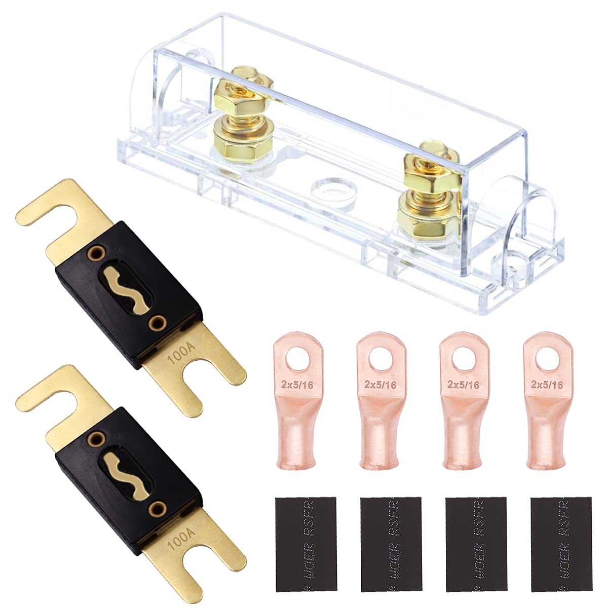 Tnisesm ANL Fuse Holder, 2 Pcs 100A Fuses, 4Pcs 2 AWG Cable Ring Terminal Lugs 5/16', 4 Pcs Heat shrinkable Tube with Diameter of 14mm Compatible for Car Audio Amplifier