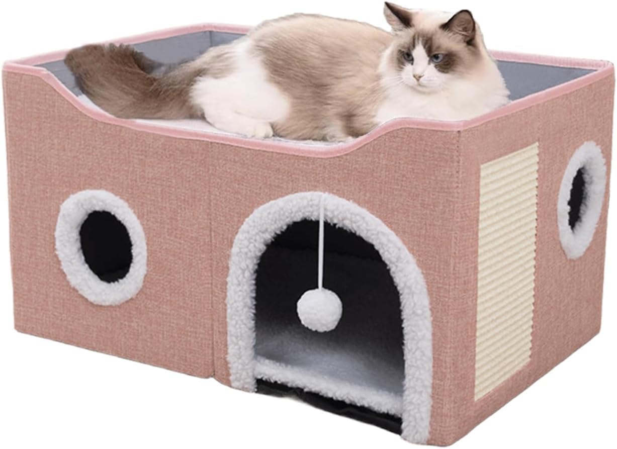 ERNAN Cuccia Gatto e cani.Lettino Per Gatti, Cuccia Gatto Interno, Cuscino per Pieghevole da Interno,Casa pieghevole con terrazza e tiragraffi, Adatto per Gatti,Piccoli Anima (Pink, Medium)