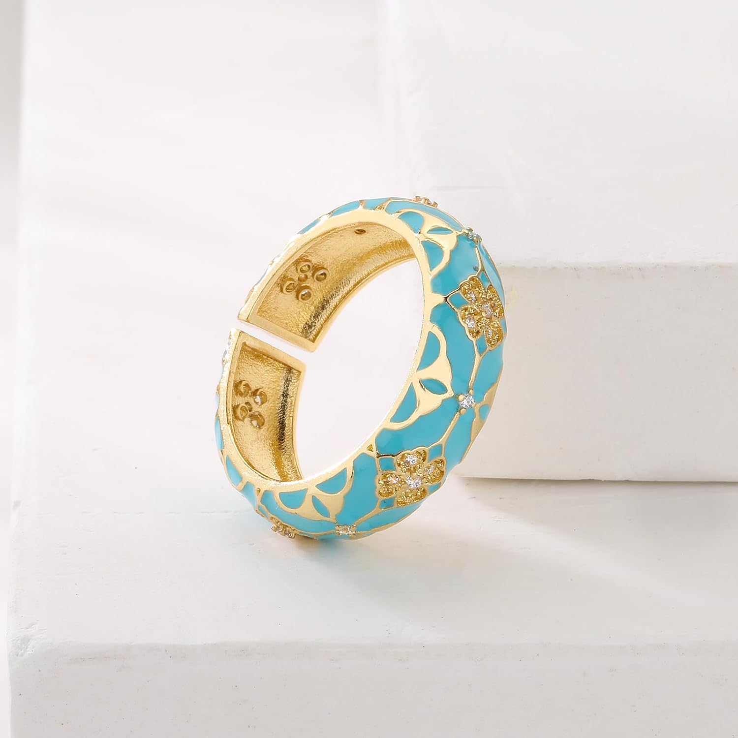 18K Gold Plated Dainty Enamel Rings For Women Flower Shape Clear CZ Zircon Brass Jewelry Birthday Gift