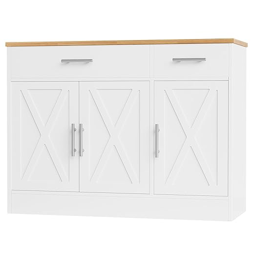 Shintenchi Modern Farmhouse Sideboard Buffet Cabinet with Storage with 3 Doors,42" Barn Doors Buffet Cabinet with Storage, Wood Coffee Bar Cabinets with Adjustable Shelf for Kitchen Living Room,White