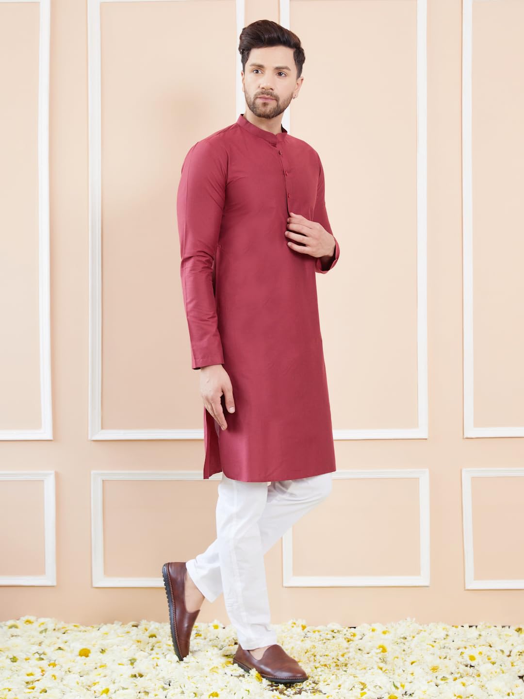 See Designs Men Full Sleeve Side Slit Burgundy Cotton Solid Straight Mandarin Collar Kurta - Sdkt2415Xl