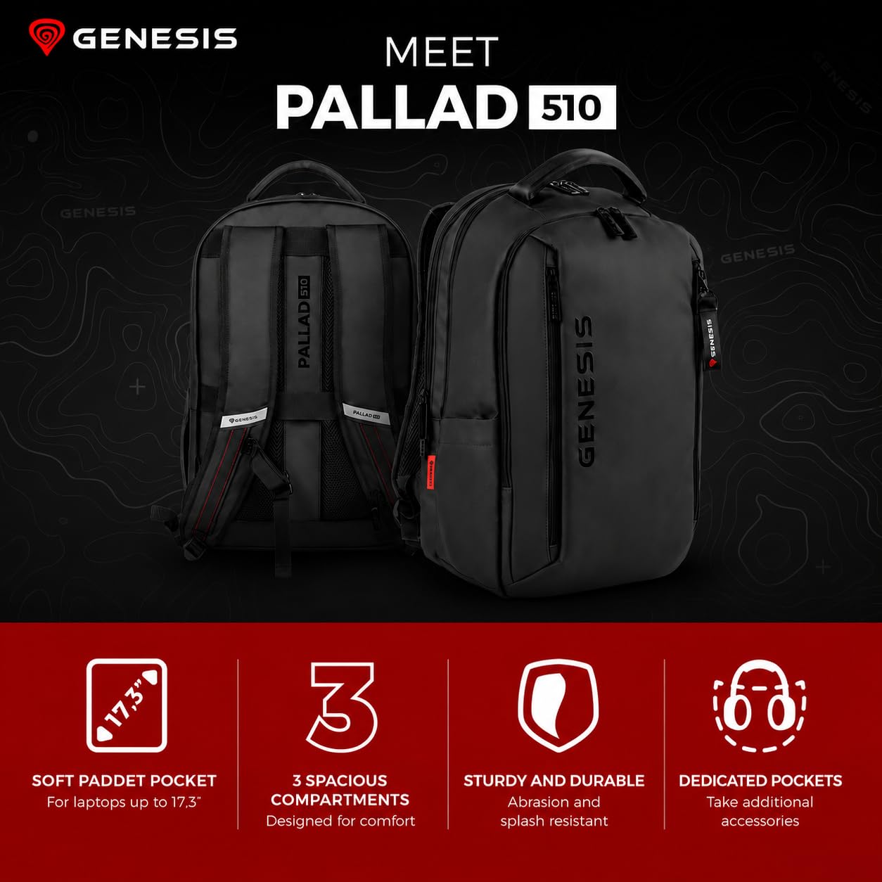 Genesis Pallad 510 plecak na laptopa o przekątnej ekranu 17,3", czarny, plecak gamingowy, 23 l, torba na laptopa z 3 przegródkami, 15 kieszeni, system wózków, ochrona przed rozbryzgami wody, poliester