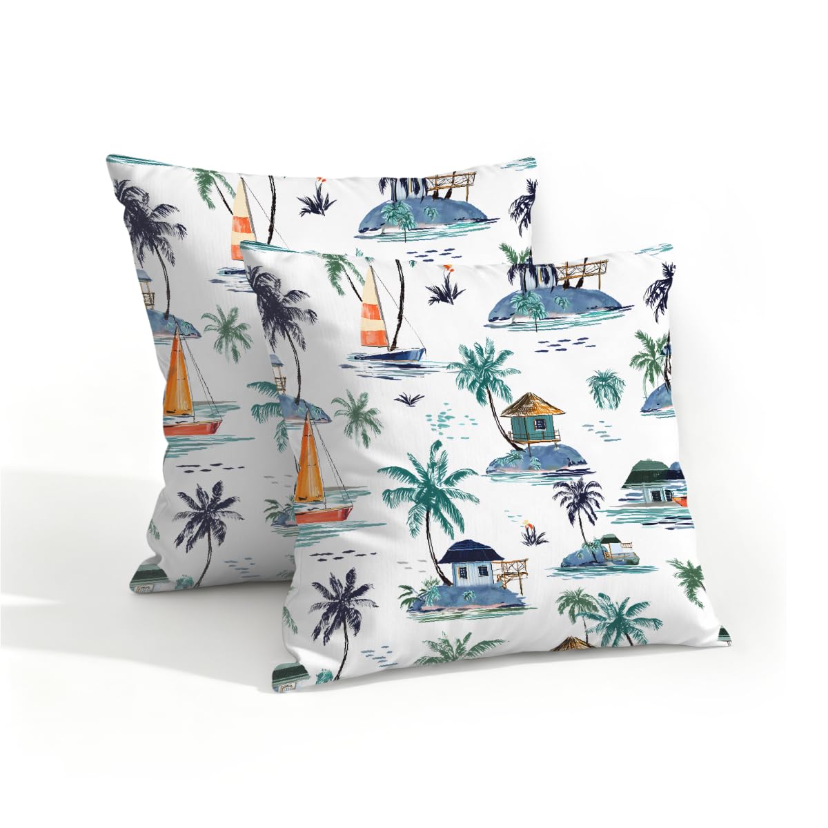 Outdoor Pillow Covers Waterproof Pillowcases 16x16in Set of 2 Coastal Sailboats Palm Tree Decorative Throw Cushion Case for Couch Sofa Garden Patio Furniture