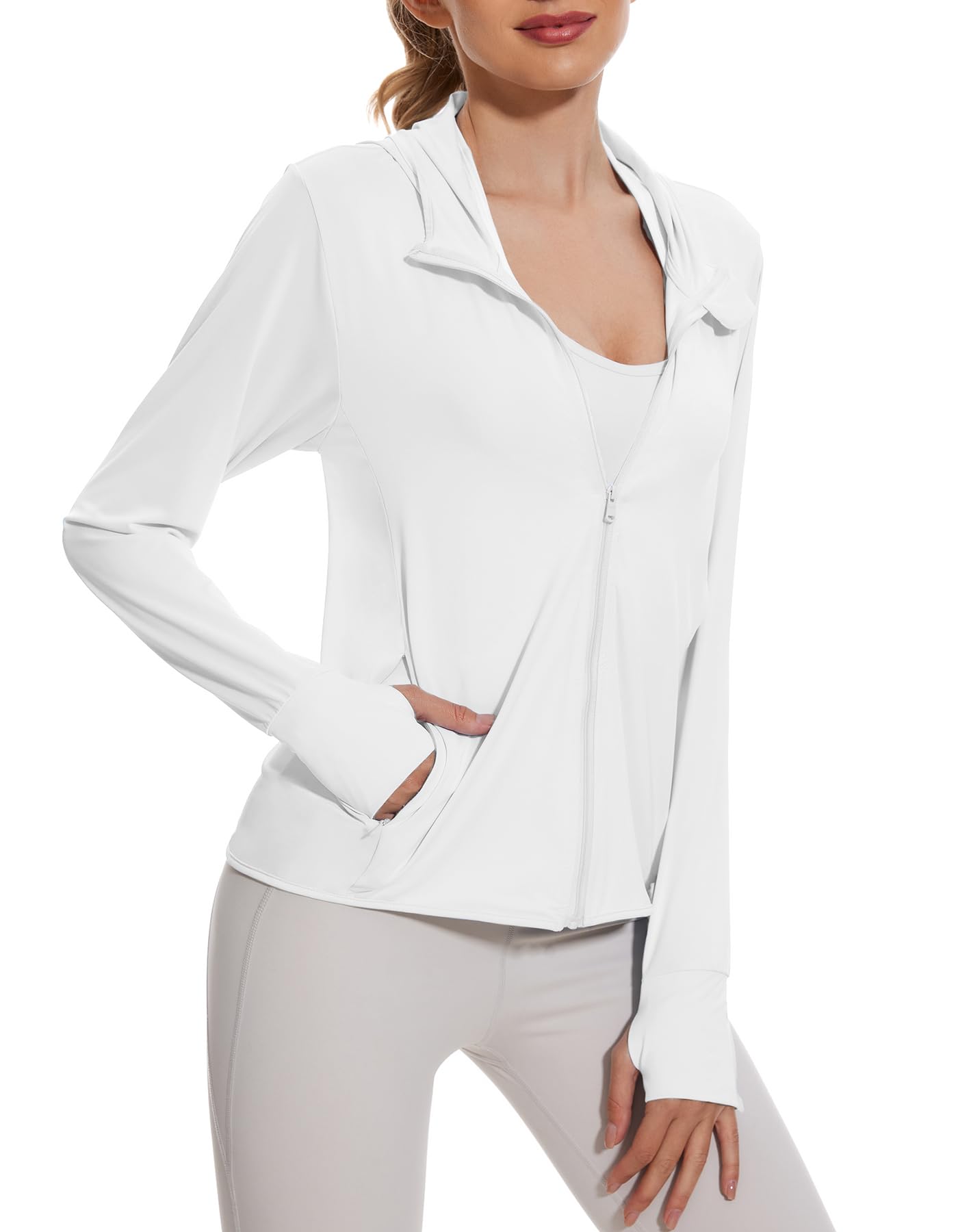 UUMIAERWomen's Sun Protection Hoodie Full Zip Long Sleeve Swim Shirts with Pockets UPF 50+ Hiking Running Shirt