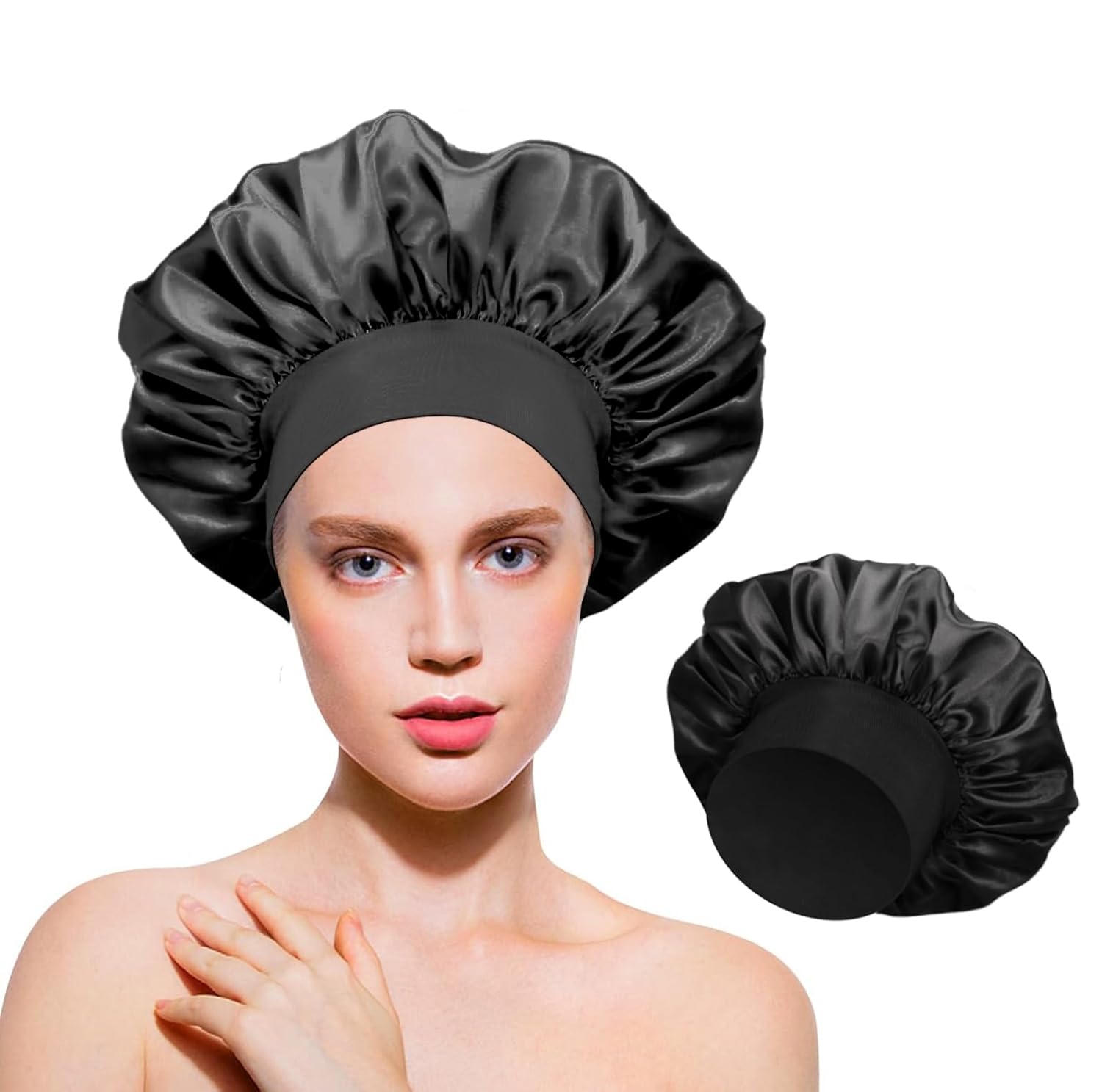 MOXYOY Silk Bonnet, Bonnets for Women, Satin Bonnet Hair for Sleeping, Silk Sleep Cap for Curly Hair Women, Soft and Comfortable for Night Sleep Curly Hair Protection (Black)