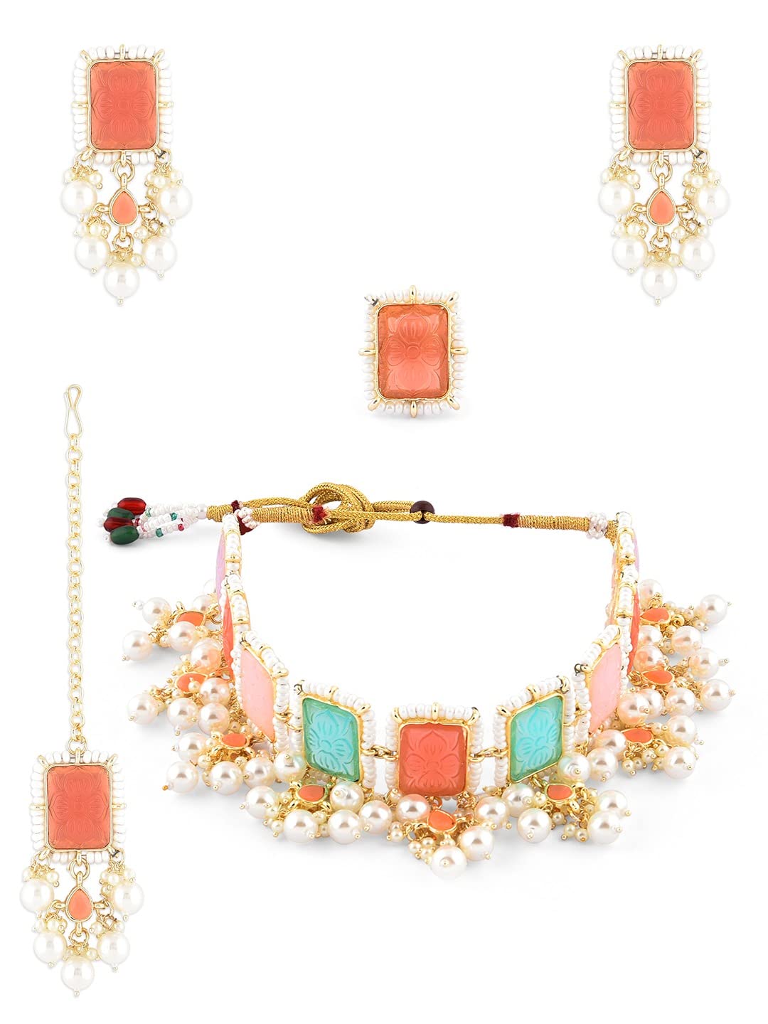 ZAVERI PEARLS Multicolor Stones & Pearls Necklace Earring Ring & Maangtikka Set For Women-ZPFK15364 (B0BRND1SMC) Amazon Price History, Amazon Price Tracker