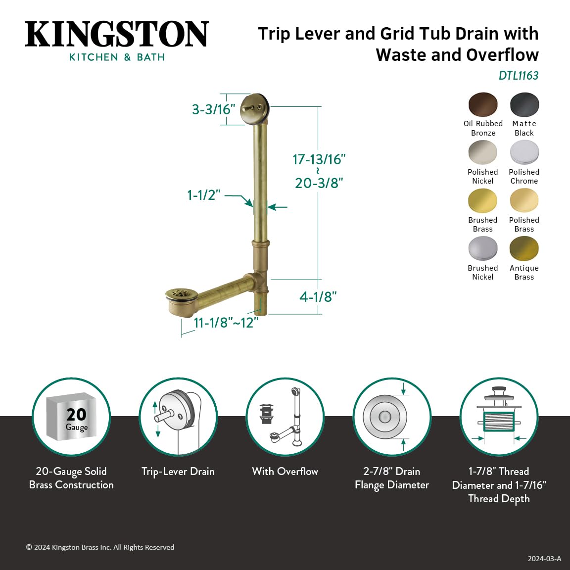Kingston Brass DTL1162 Badewannenab- und Überlauf, Messing poliert
