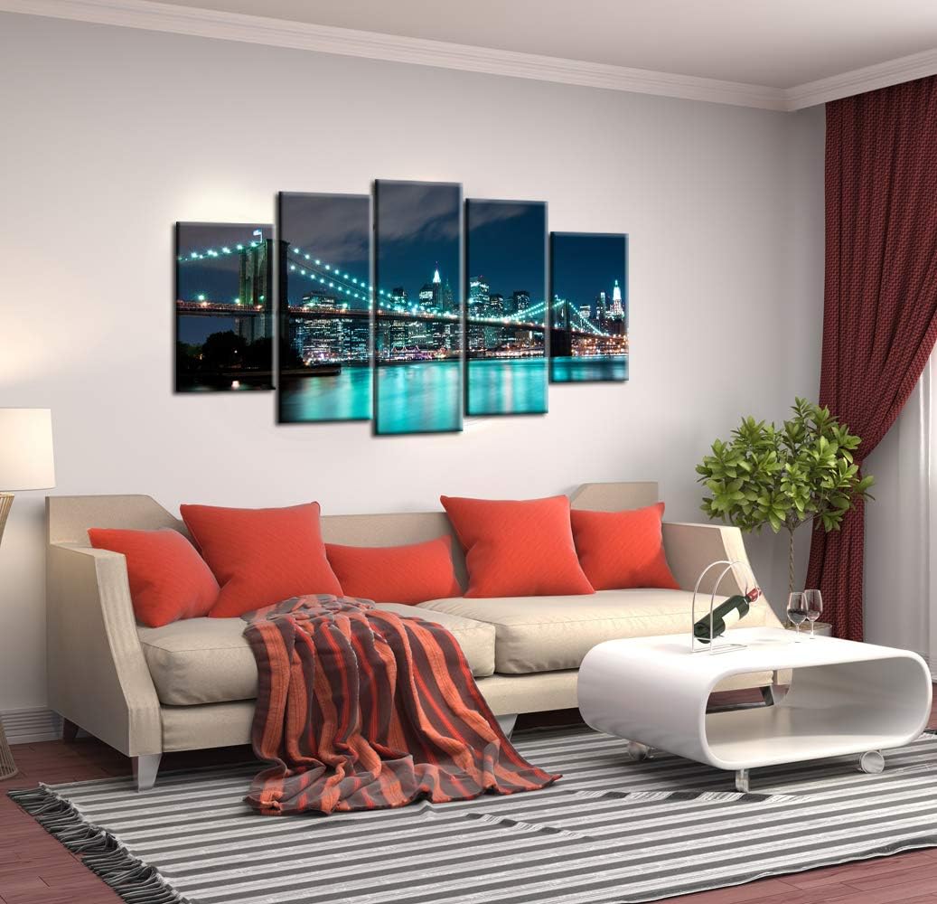 Flash Deals - 40% OFF Nachic Wall 5 Piece New York Wall Art Blue Brooklyn Bridge Night View Pictures Canvas Prints for Home Living Room Decor Nyc Artwork Framed Ready to Hang