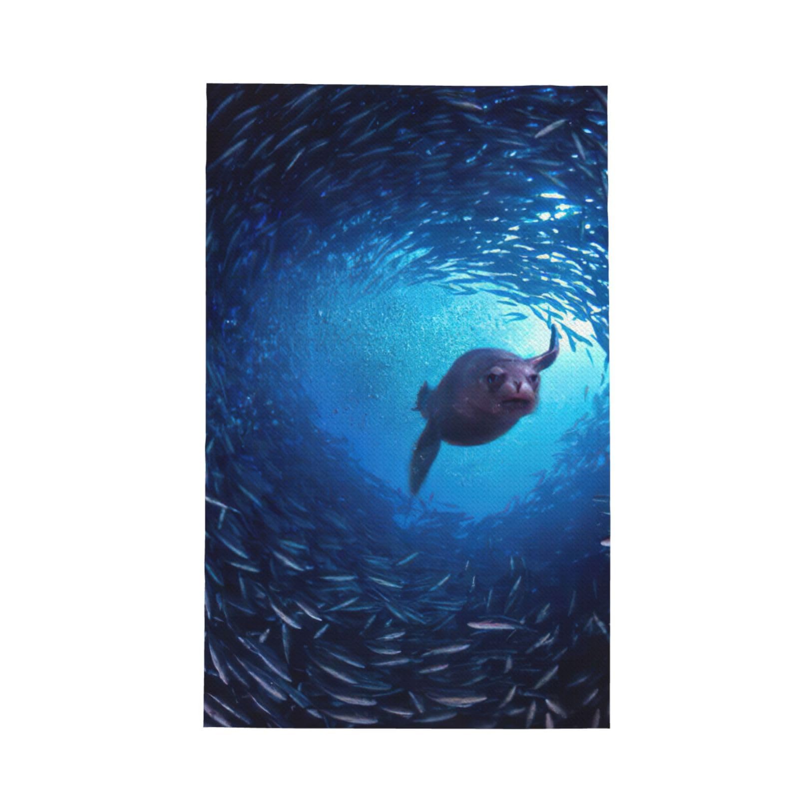 Xxahnbm Black Underwater Sea Lion Print Waffle Kitchen Towel,Absorbent Hand Towel