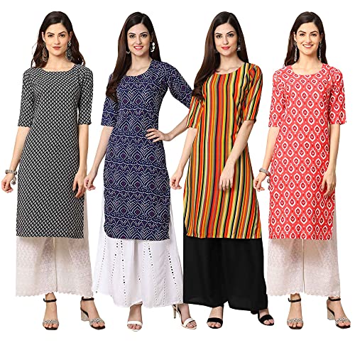 Image of Pinkmint Women's Crepe Digital Print Straight Kurta [Pack of 4] (CCV-334-338-339-335)
