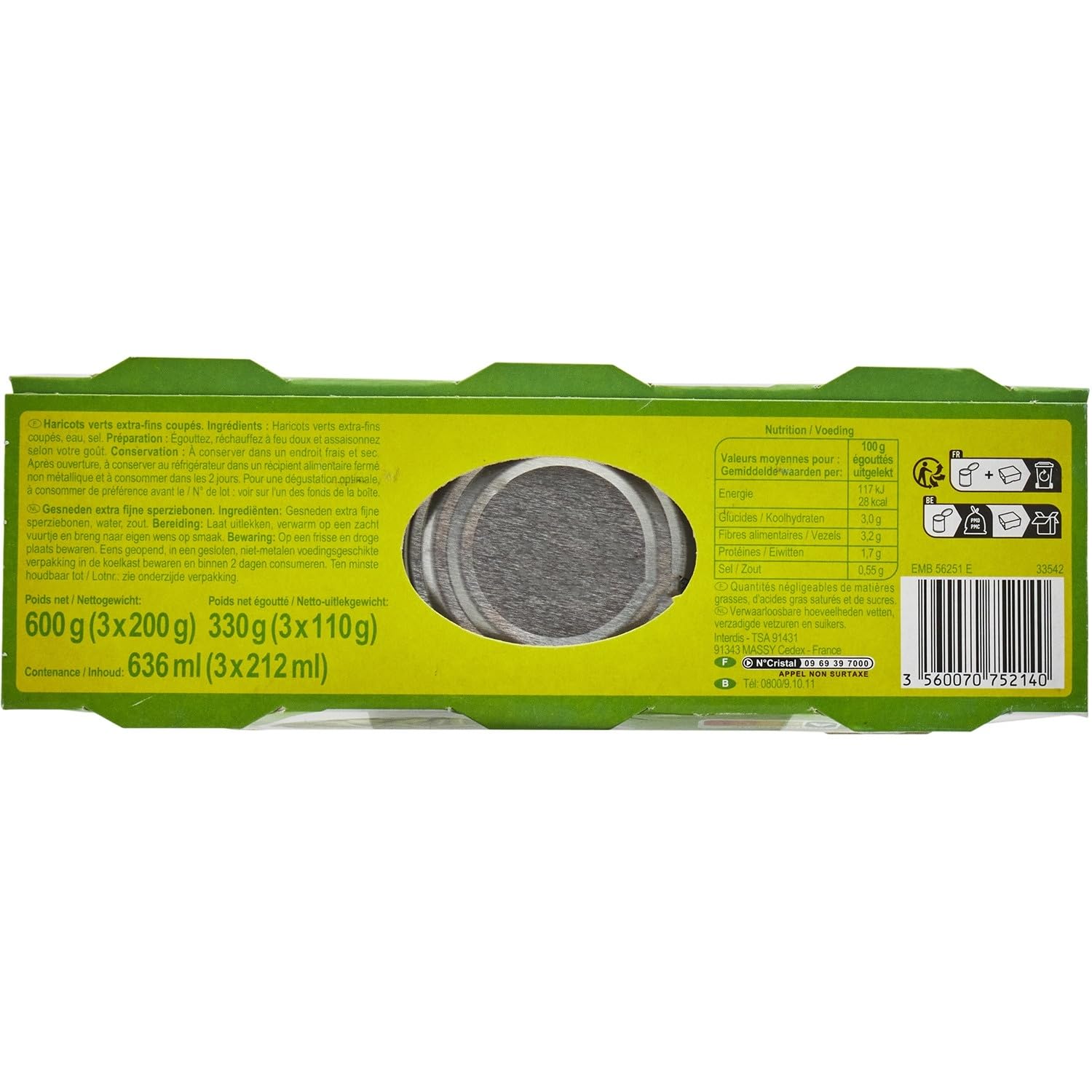 CARREFOUR CLASSIC' - Haricots Vert Extra-Fin Coupé en Conserve - les 3 boites de 110g net égoutté - 600g - Le Lot De 4