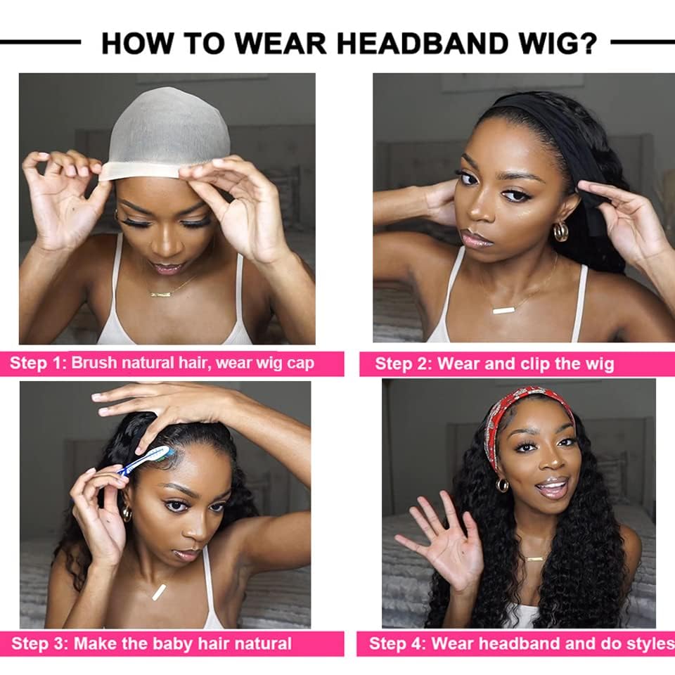 Image of Headband Wig Human Hair Kinky Curly for Black Women 22 Inch Natural Colour | Deep Curly Human Hair Wigs None Lace Front Wig,Brazilian Virgin Hair,Glueless Wear Go Beginner Friendly,Quick Install