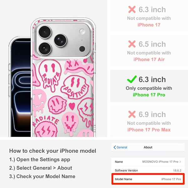 MOSNOVO Custodia iPhone 17 Pro, Cover Trasparente Antiurto in TPU [Protezione da Cadute Militari fino a 2 m] [Tecnologia Anti-Sfogliamento] - Sorrisi Rosa Gocciolanti - 2