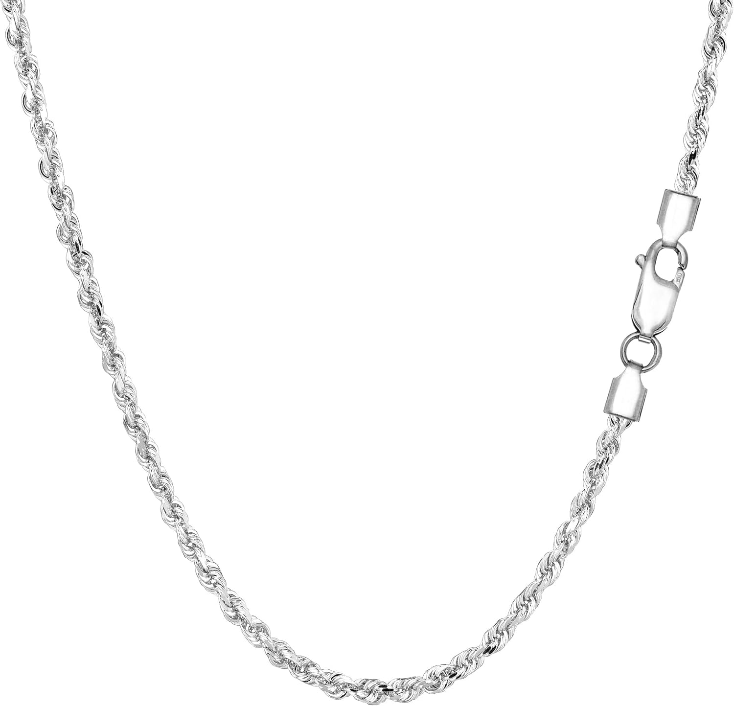 Jewelry Affairs Sterling Silver Rhodium Plated Diamond Cut Rope Chain Necklace, 2.2mm