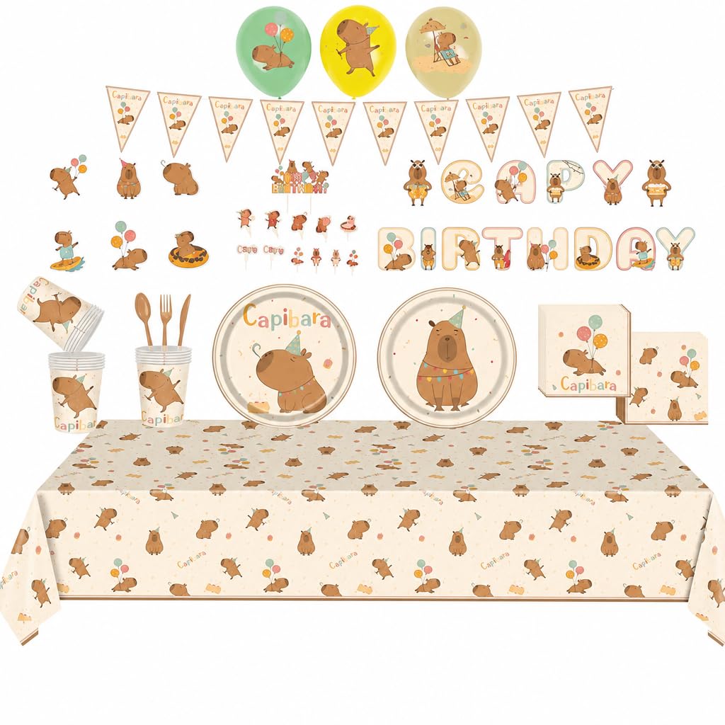 View 1 of 120 PCS Capybara Birthday Party Supplies for 10 Guests, Cute Animal Theme Decorations and Tableware Set with Banner, Balloons, Plates, Cups, Napkins, Cutlery, Tablecloth, and Toppers