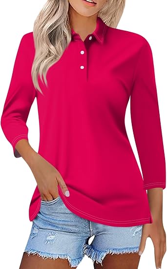Polo Shirts for Women 3/4 Sleeve Collared Tops Loose Casual Tops Work Blouses Business V Neck Fall T Shirts