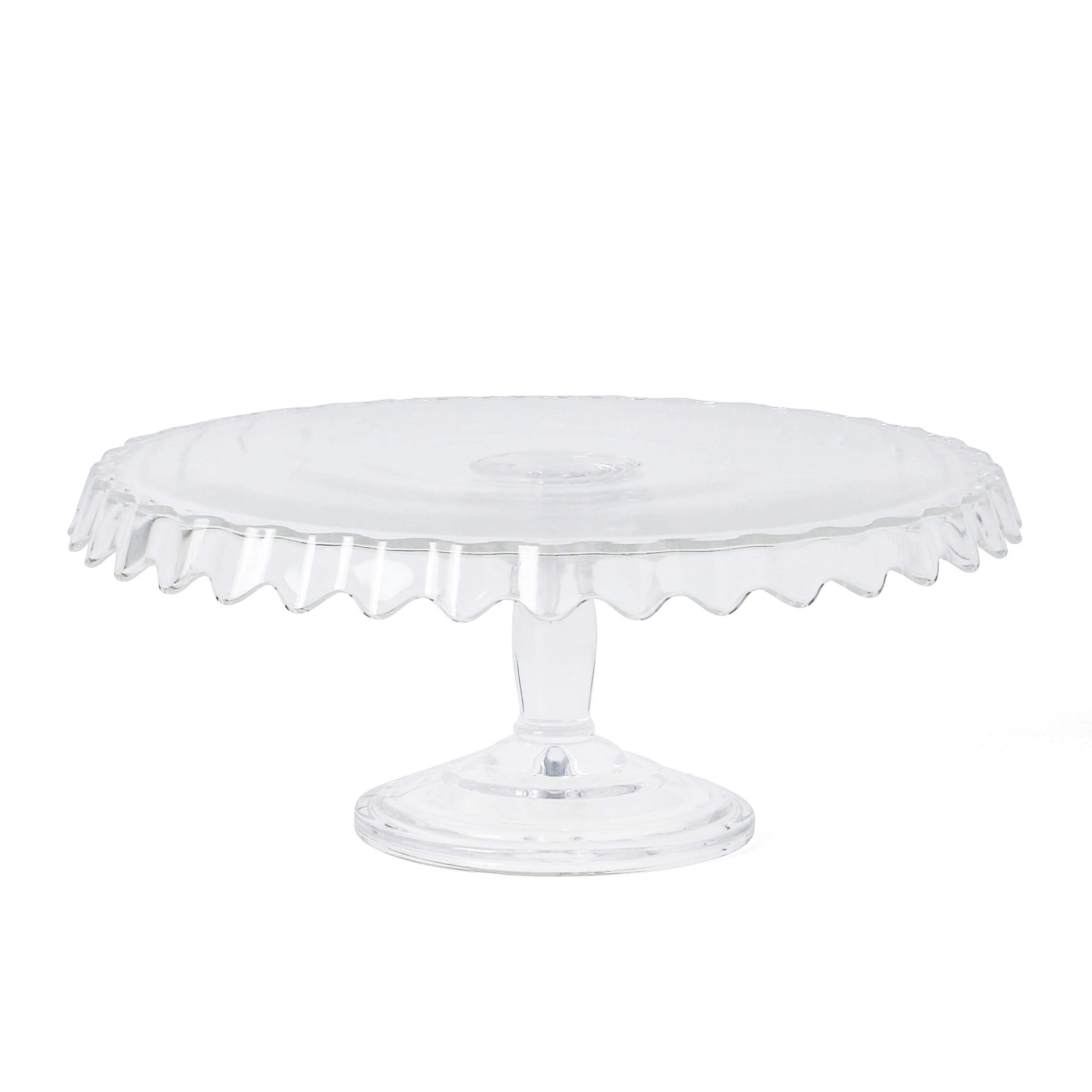 Martha Stewart Watercrest Glass Cake Stand, 10.2 Inch Footed Pedestal Cake Plate with Scalloped Ruffled Edge, Clear Handmade Glassware for Weddings, Parties, and Dessert Display