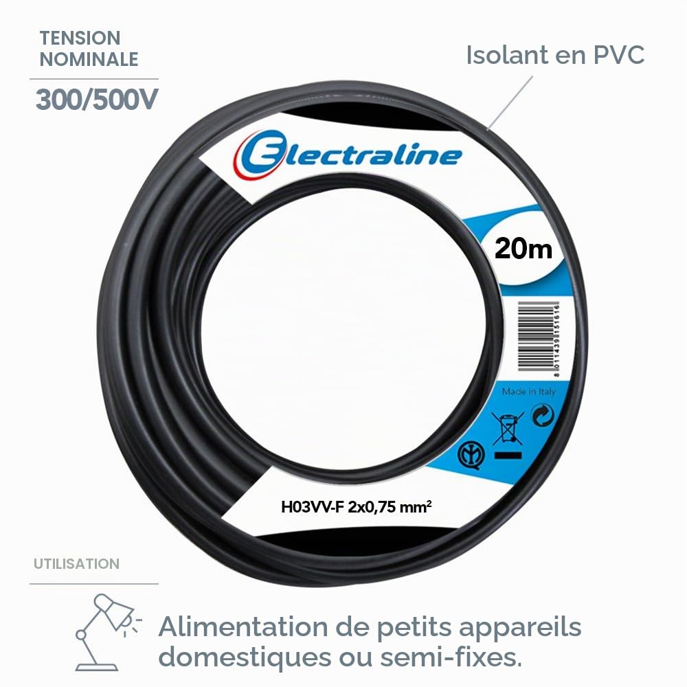 Electraline 11165 Couronne de Cable H03 VV-F 2X0,75 20M Noir