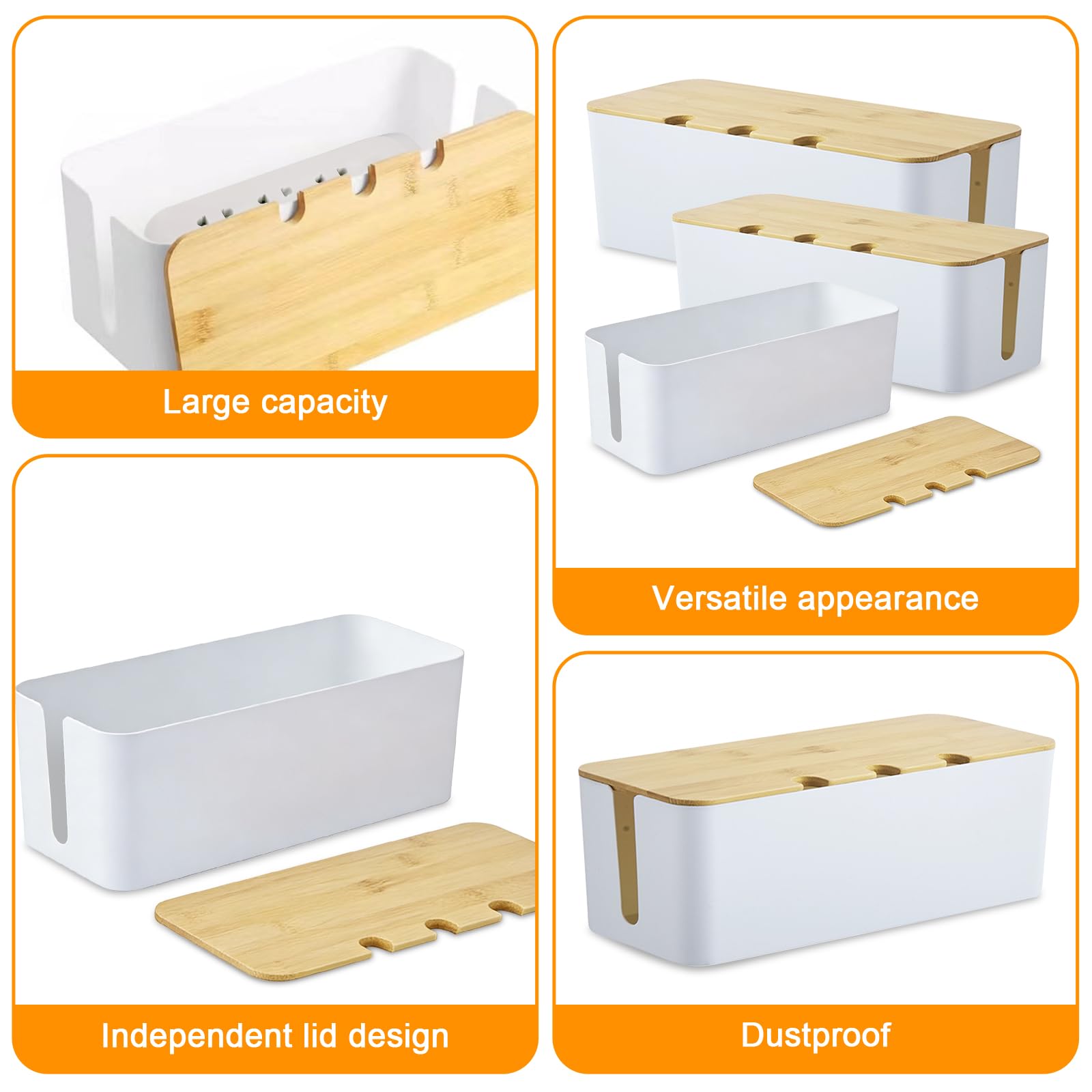 Lot de 3 Boîtes à Câbles Blanches, Boite Rangement Cable avec Couvercles en Bambou de Trois Tailles, Boite Cache Cable avec Couvercle en Bois Perforé, Cache Multiprise Electrique avec Attaches