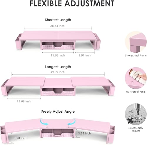 Miniatura 3 de OPNICE Organizador de escritorio rosa y accesorios para mujer, soporte para monitor de computadora doble con cajón y 2 soportes para bolígrafos,